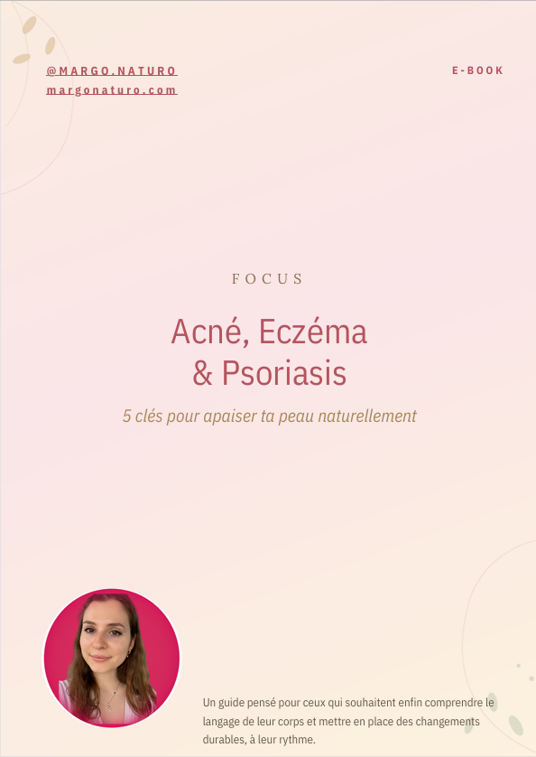 Couverture d'ebook sur l'acné, l'eczéma et le psoriasis par Margaux Bouillet